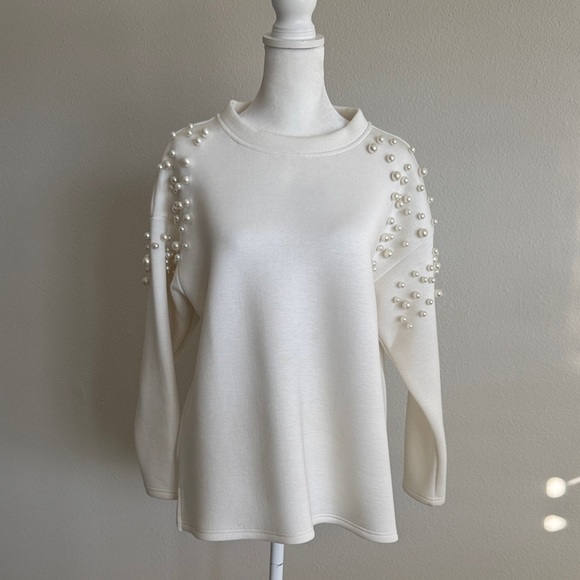 joh fiona frenc Tops - Chic Pearl-Embellished White Sweatshirt